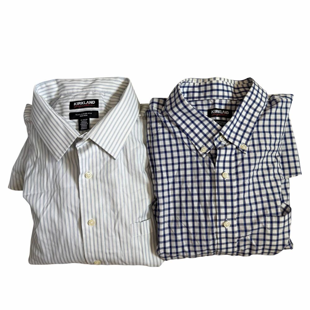 Set of 2 Kirkland Mens Size 19 34/35 Dress Shirt Traditional Fit Long Sleeve